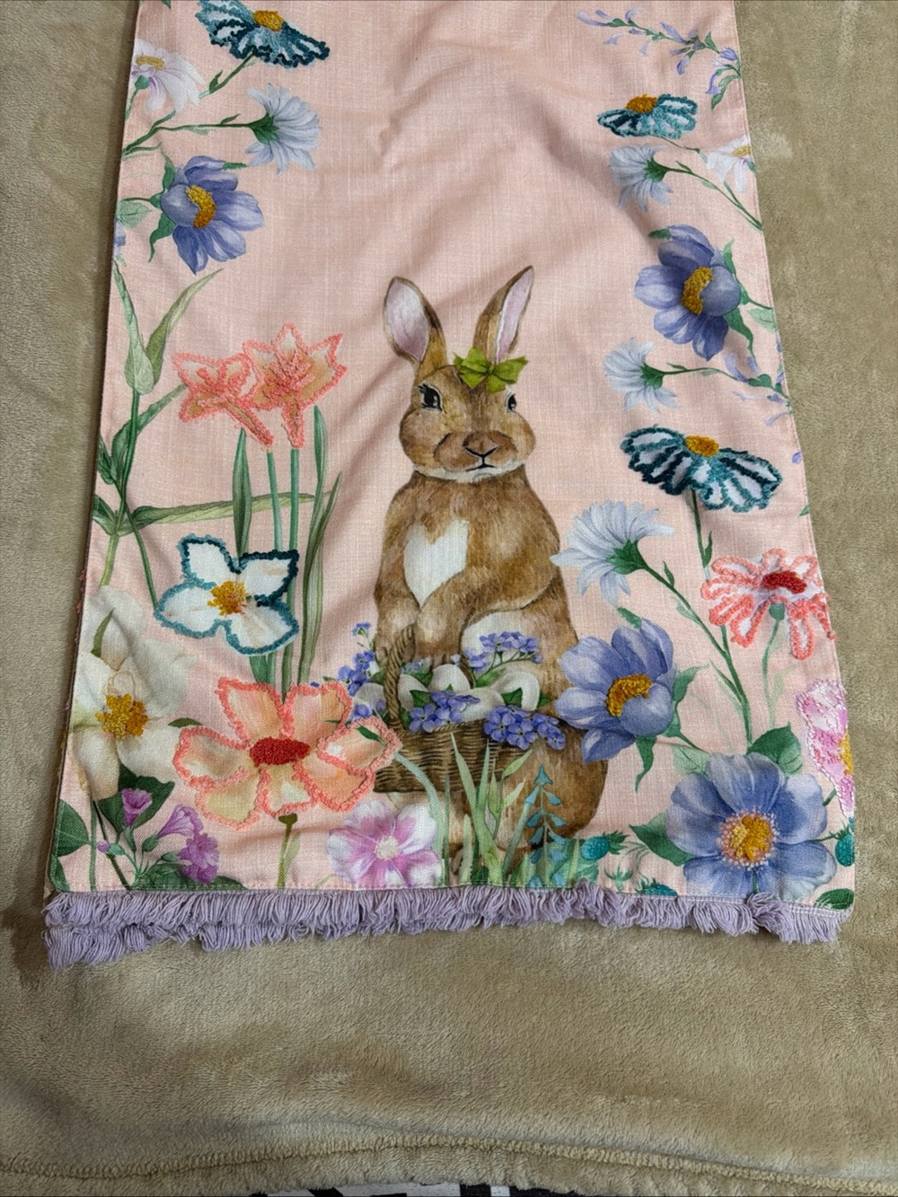 Cynthia Rowley Pink Floral Bunny Spring Table Runner 16”x72” embroidered pastel